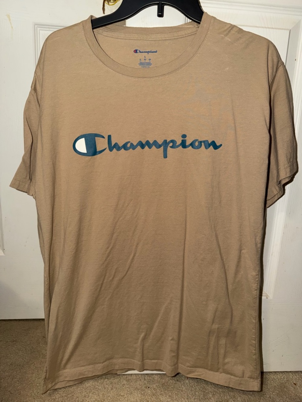 Champion Tan Short-Sleeve Tee with Blue Logo